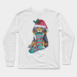 cute black and brown puppy dressed for christmas Long Sleeve T-Shirt